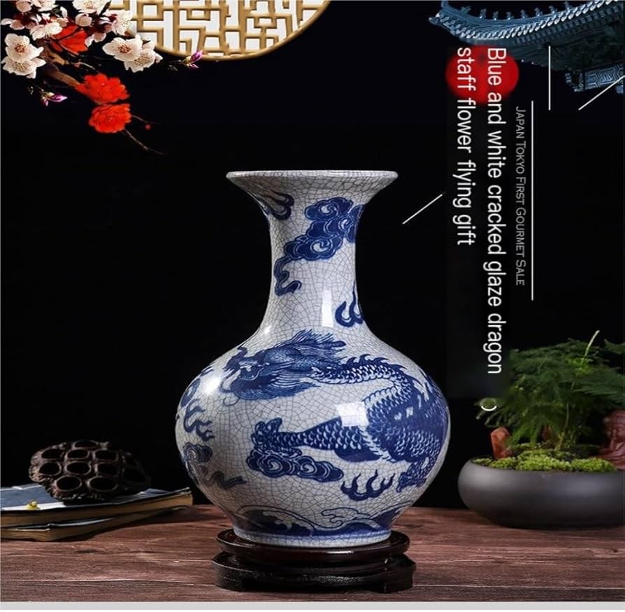 青白陶器ドラゴン模様花瓶 青と白のドラゴン模様陶器花瓶 中国古美术 古美術